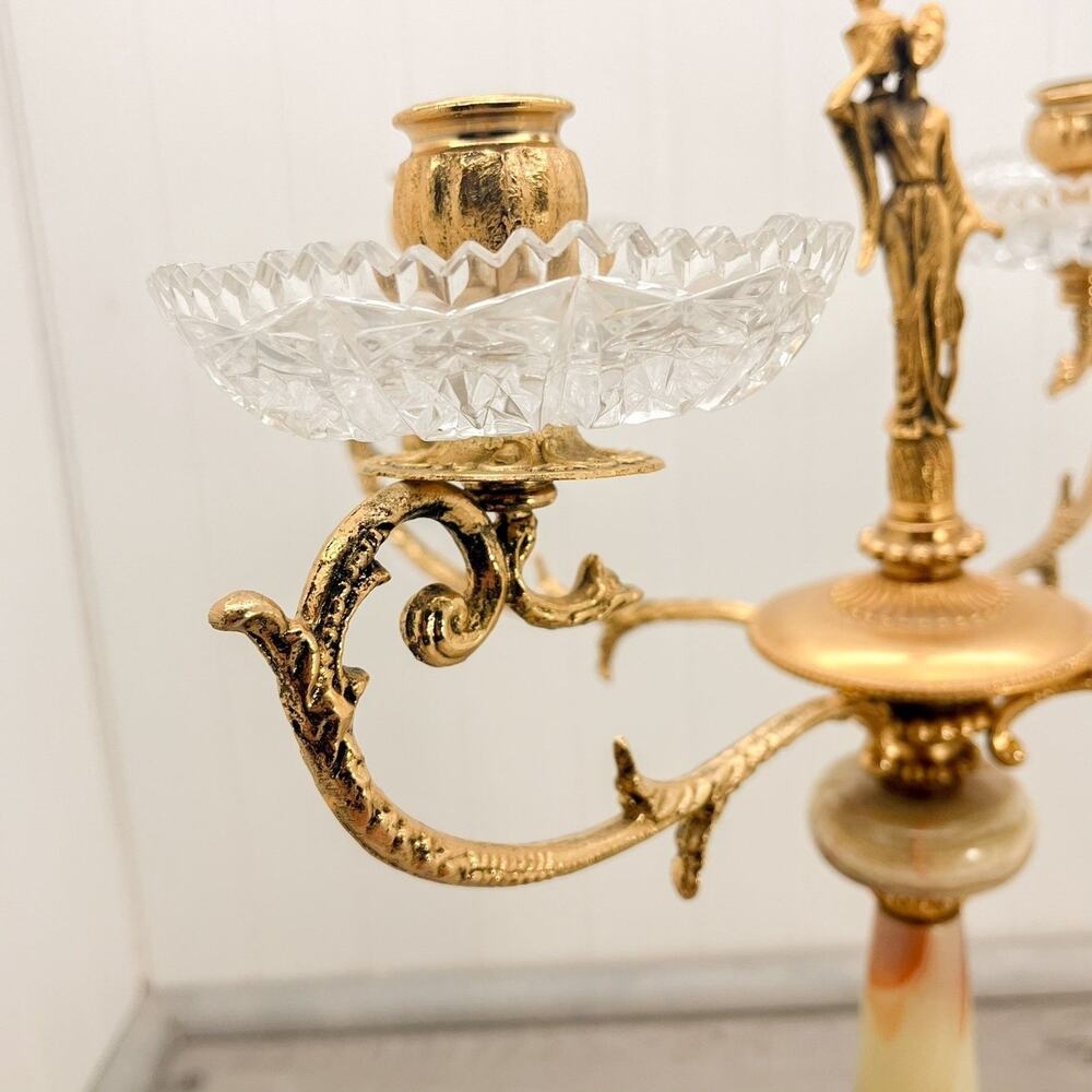 Hollywood Regency Brass Candelabra with Onyx Gilt Bronze and Cut Glass Cre-Art - Picture 8 of 10